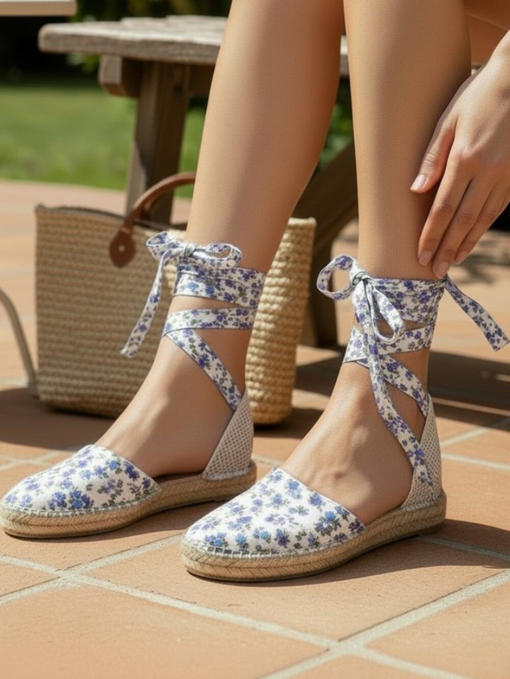 Love Shack Fancy Espadrille Flats Blue Floral Lace Up (37)